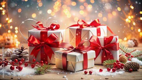 A Stunning Collection of White Gift Boxes Tied with Red Ribbons and Bows for Special Occasions and Celebrations, Perfect for Holiday Themes and Festive Events