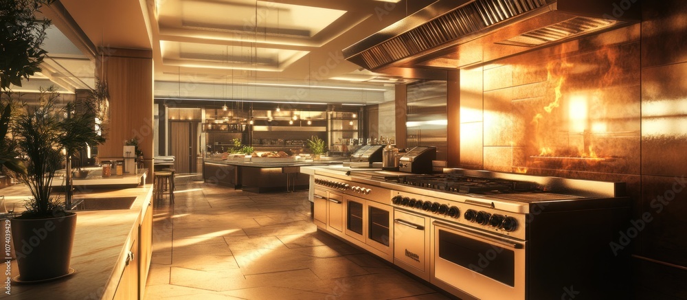 Modern kitchen with stainless steel appliances and a copper backsplash. Modern kitchen with stainless steel appliances and a copper backsplash.