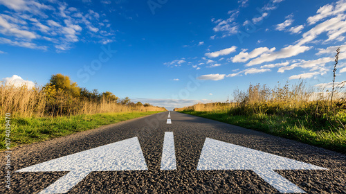 A long, asphalted road with white arrows pointing upwards, symbolizing progress and the journey to success, The clear sky and distant horizon evoke a sense of endless possibilities and determination