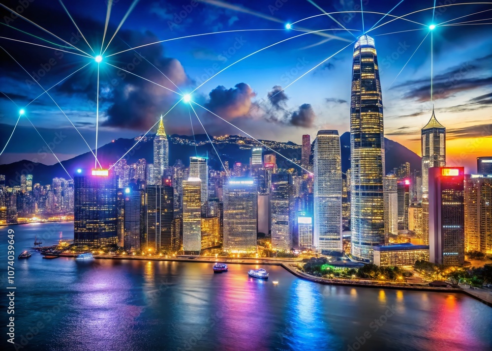 Obraz premium A Stunning Night View of Hong Kong with Glimmering City Lights and Dynamic Data Streams Illustrating Digital Connectivity in a Lively Urban Landscape