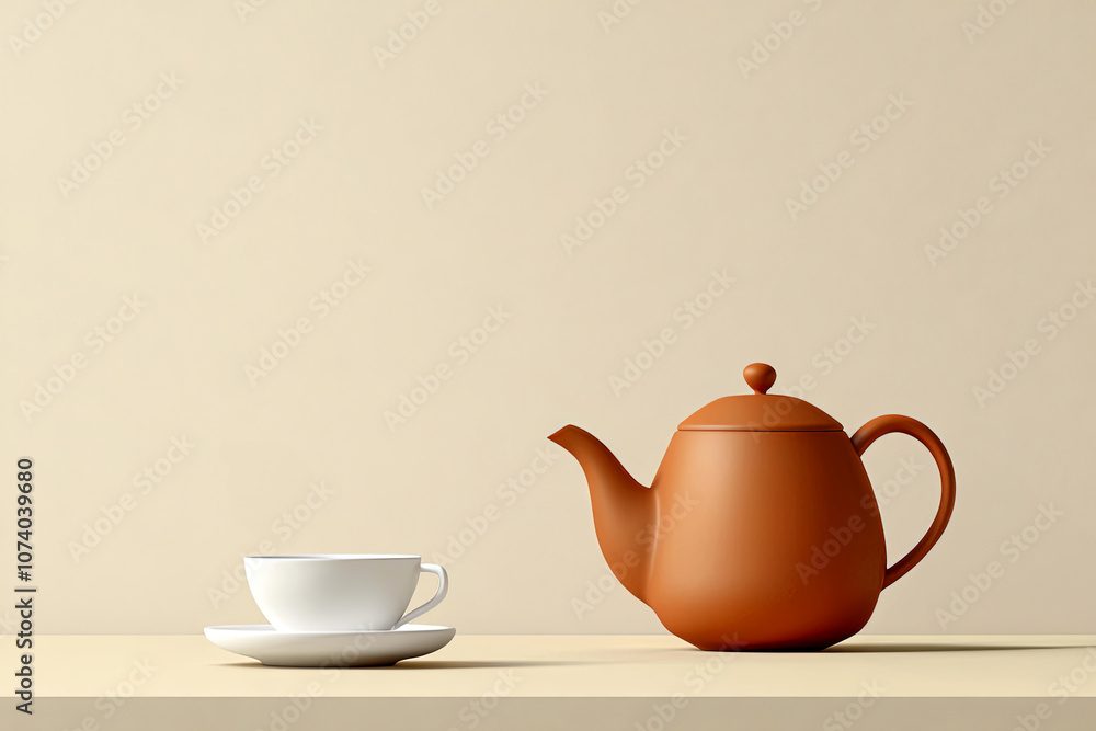 A rustic brown teapot and white cup sit elegantly on a simple table against a soft beige background during afternoon light A rustic brown teapot and white cup sit elegantly on a simple table against a soft beige background during afternoon light