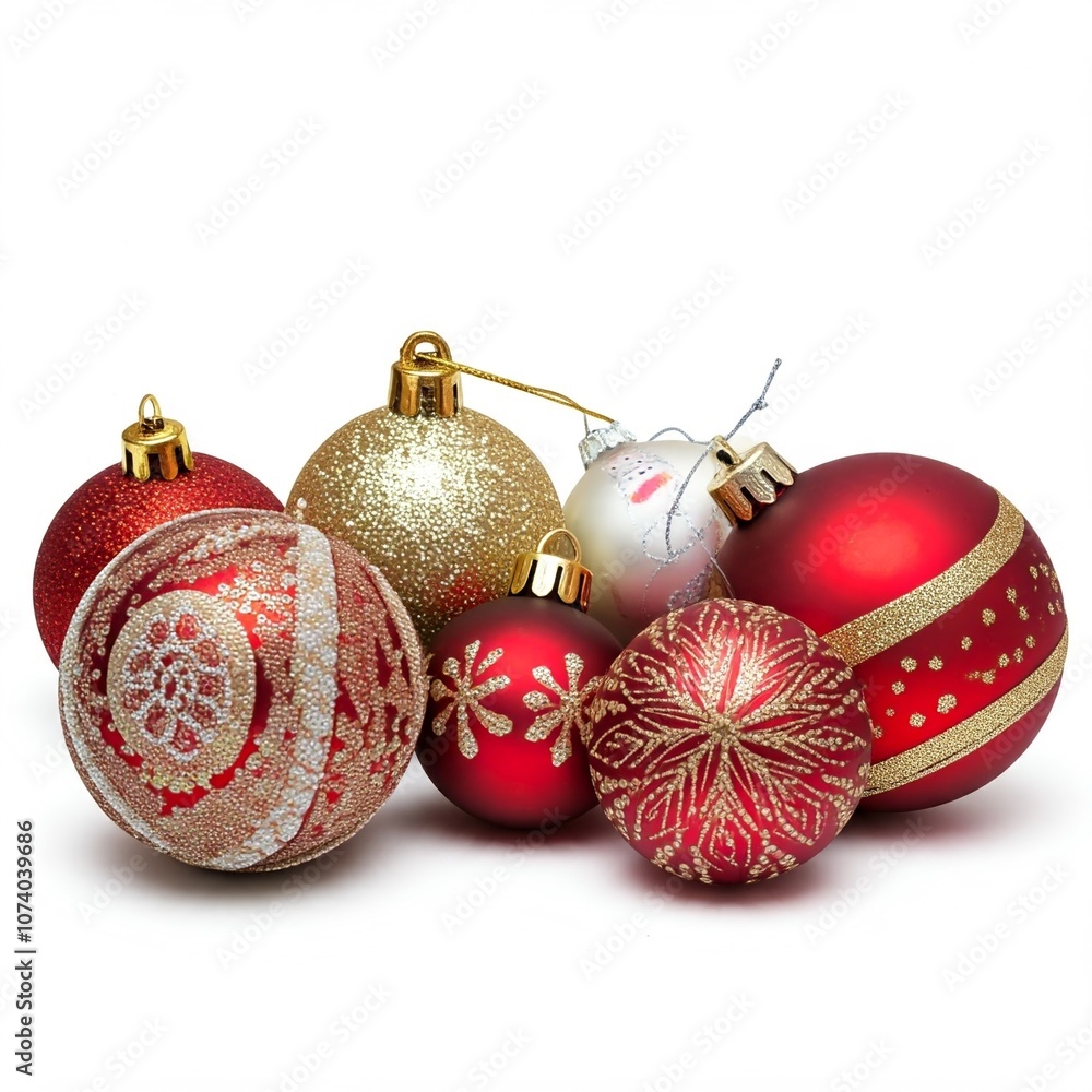 A collection of Christmas ornaments arranged on white background. A collection of Christmas ornaments arranged on white background.