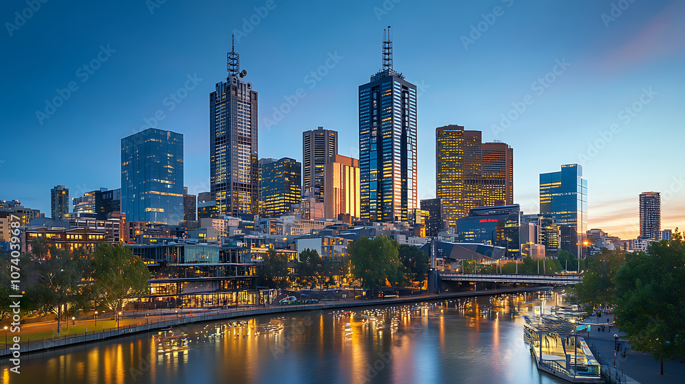 A panoramic view of the city skyline at dusk, showcasing high-rise buildings and modern architecture against a blue sky A panoramic view of the city skyline at dusk, showcasing high-rise buildings and modern architecture against a blue sky