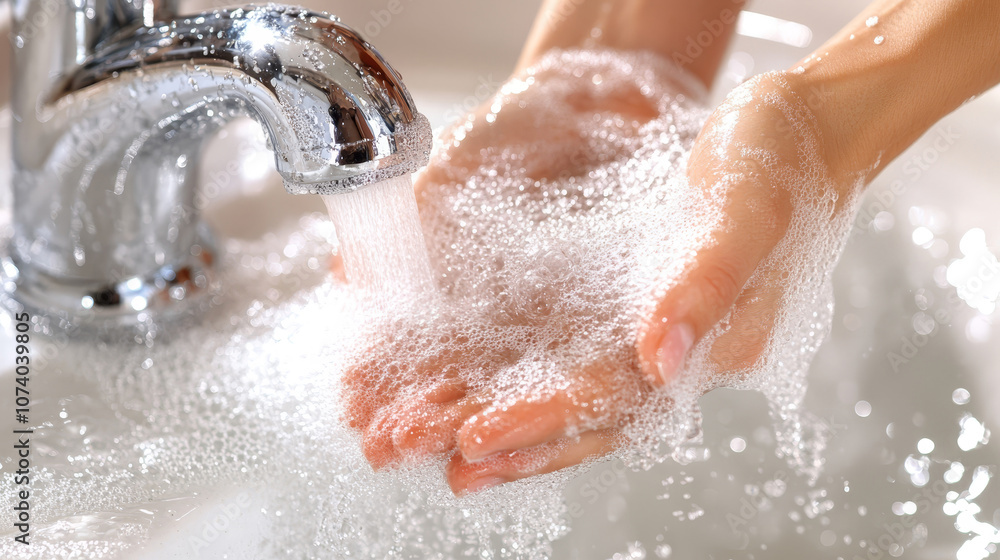Fototapeta premium Woman's hands washing them under running water from shiny chrome faucet and white sink. Hands cupped, soap bubbles visible.