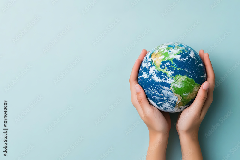 Two hands gently hold a detailed globe representing Earth on a soft background, symbolizing care for our planet\'s future