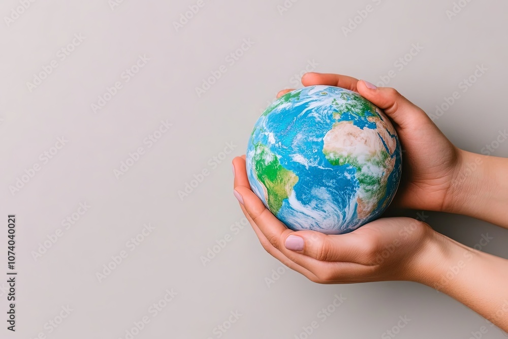 A pair of hands gently cradles a small globe representing Earth against a neutral background A pair of hands gently cradles a small globe representing Earth against a neutral background