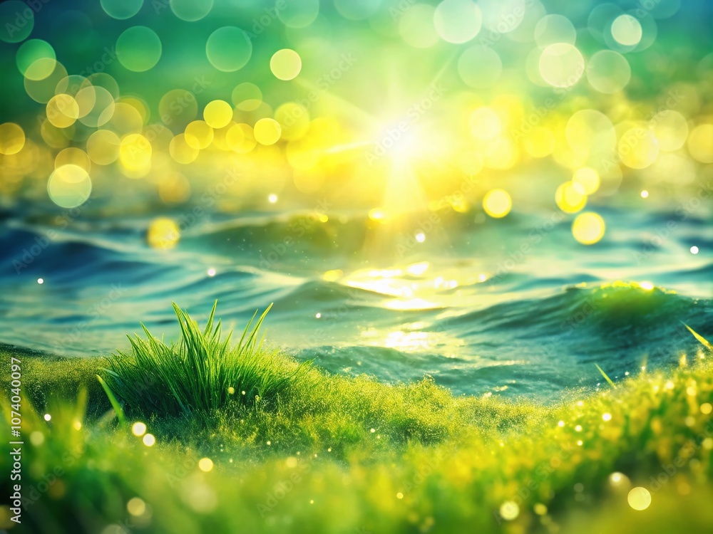 Obraz premium A Tranquil Meadow of Pale Yellow and Soft Green Waves in Bokeh Effect, Capturing the Soothing Essence of Sunlit Nature's Embrace