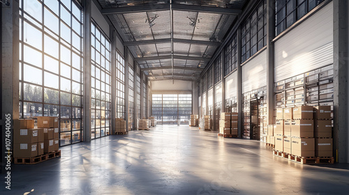 Spacious warehouse interior with sunlight streaming through large windows