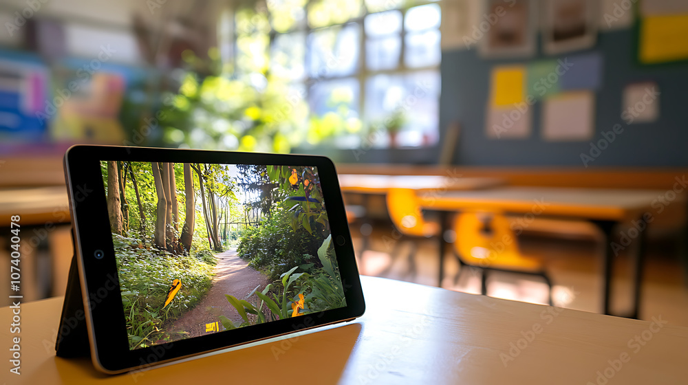 A tablet on a classroom desk displays an augmented reality hologram of a tree, showcasing kids learning biology and nature using AR technology A tablet on a classroom desk displays an augmented reality hologram of a tree, showcasing kids learning biology and nature using AR technology