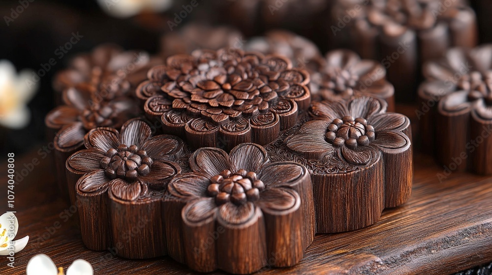 Intricately carved wooden floral designs, showcasing craftsmanship and artistic detail. Intricately carved wooden floral designs, showcasing craftsmanship and artistic detail.