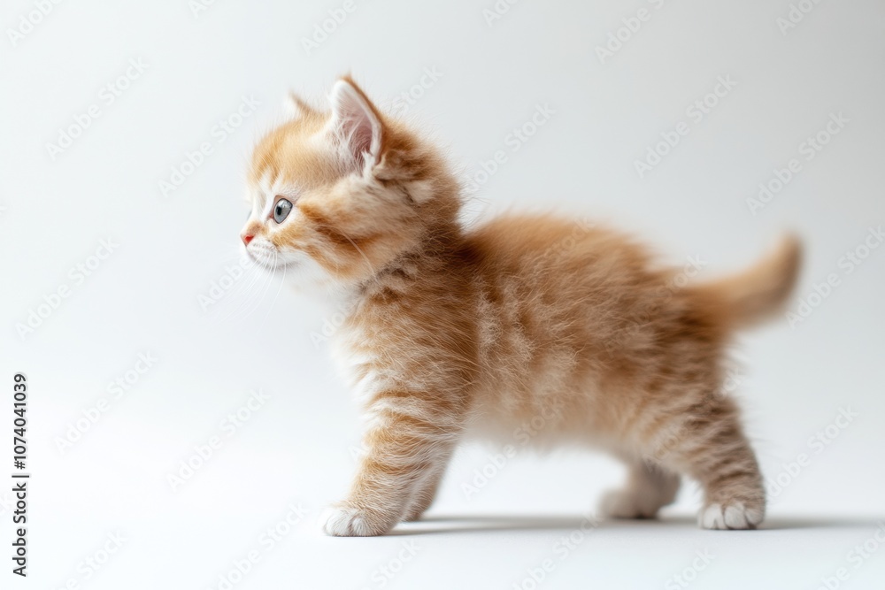 the beside view baby Manx cat standing, left side view, low angle, white copy space on right, Isolated on White Background the beside view baby Manx cat standing, left side view, low angle, white copy space on right, Isolated on White Background