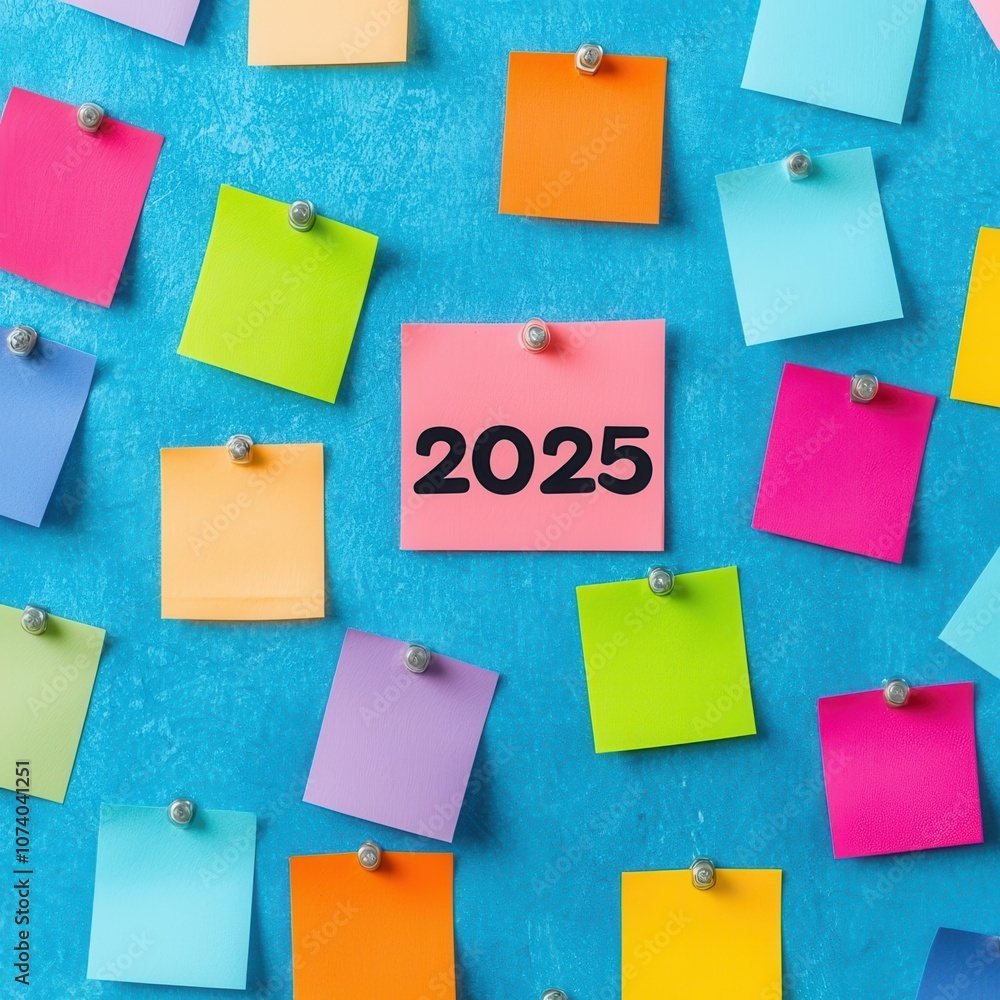 Colorful sticky notes pinned on a blue background, with a pink note in the center displaying 