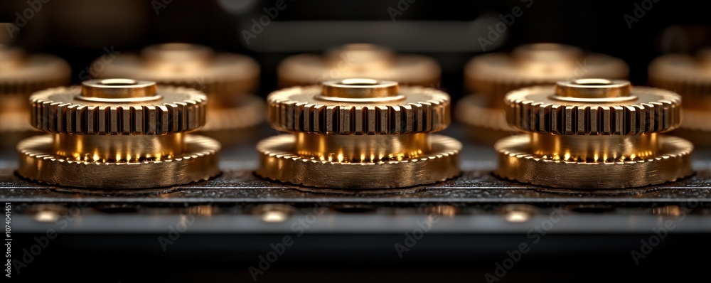 Close-up of Three Shiny Gold Cogs on a Black Surface Close-up of Three Shiny Gold Cogs on a Black Surface