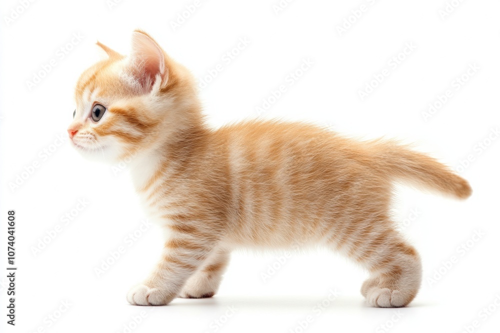 the beside view baby British Shorthair cat standing, left side view, low angle, white copy space on right, Isolated on White Background the beside view baby British Shorthair cat standing, left side view, low angle, white copy space on right, Isolated on White Background