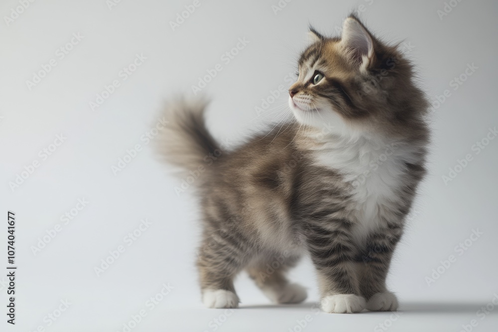 the beside view baby Norwegian Forest cat standing, left side view, low angle, white copy space on right, Isolated on White Background the beside view baby Norwegian Forest cat standing, left side view, low angle, white copy space on right, Isolated on White Background