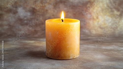 One lit candle on a neutral-colored background