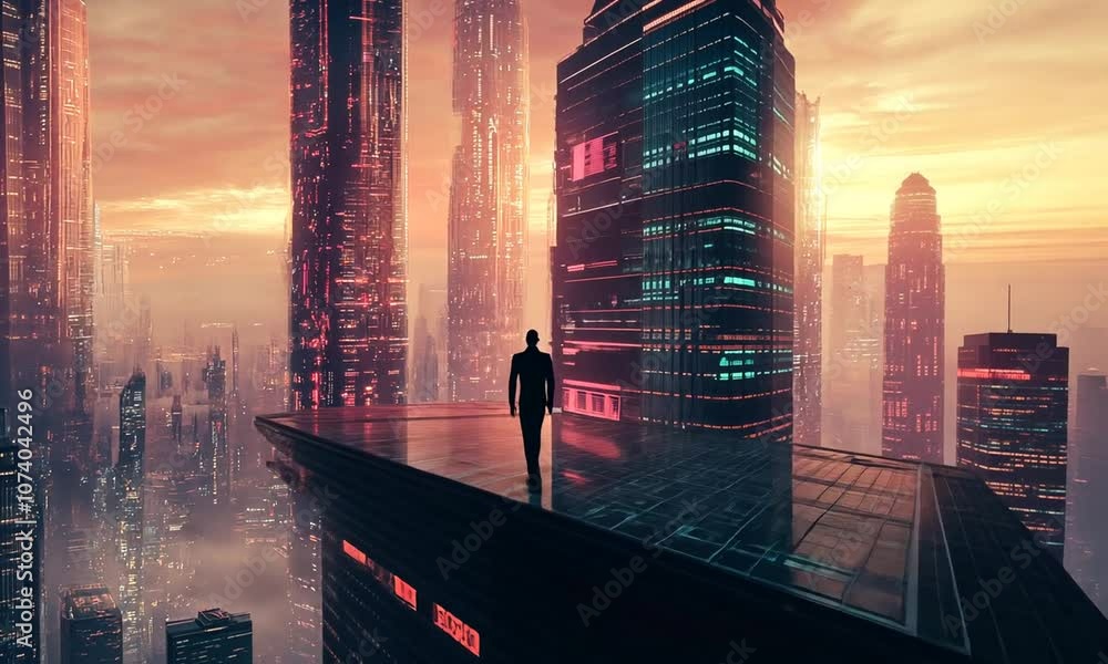Silhouette of a Man on a Skyscraper in a Futuristic City Silhouette of a Man on a Skyscraper in a Futuristic City