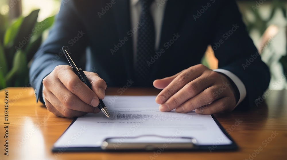 Businessman signing a document with a pen in his right hand, his other hand resting on the table. Businessman signing a document with a pen in his right hand, his other hand resting on the table.