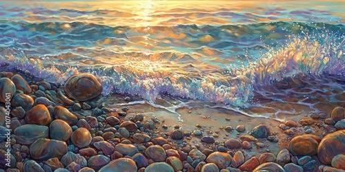 A Wave Breaking Over Smooth, Colorful Stones on a Sandy Beach at Sunset