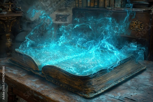 An Ancient Book Emitting Blue Flames on a Wooden Table