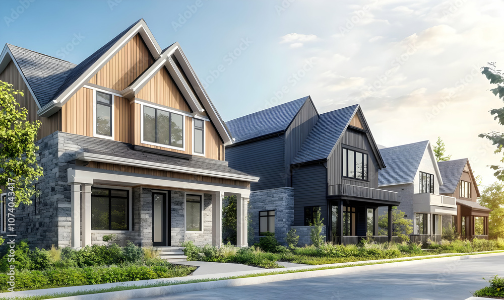 Neighborhood Real Estate Image - A row of modern houses showcasing diverse architectural styles and landscaping. Neighborhood Real Estate Image - A row of modern houses showcasing diverse architectural styles and landscaping.