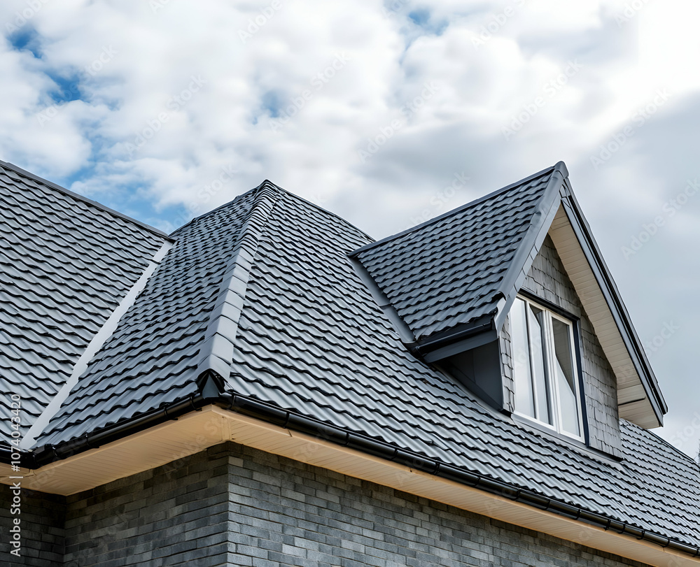 Neighborhood Real Estate Image - A modern house roof featuring gray shingles and a window under a cloudy sky. Neighborhood Real Estate Image - A modern house roof featuring gray shingles and a window under a cloudy sky.