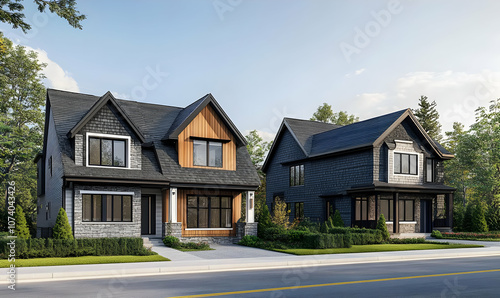 Neighborhood Real Estate Image - Two modern houses with distinct architectural styles in a suburban setting.