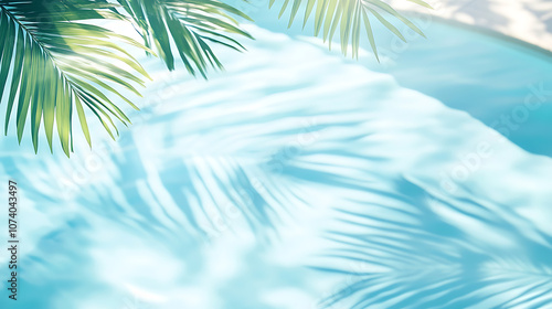 Beautiful blurred background of light blue water with the shadow from palm leaves in a swimming pool copy space concept