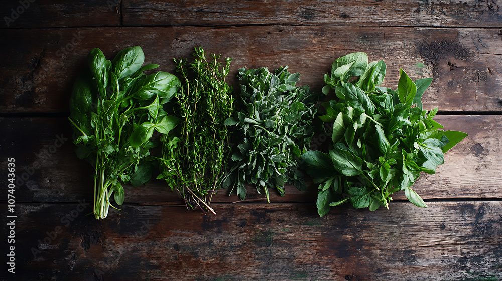 Top down view of freshly picked vegetables and herbs from a local farm on a rustic wooden table with copy space Top down view of freshly picked vegetables and herbs from a local farm on a rustic wooden table with copy space