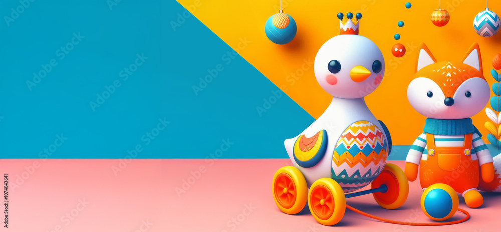 Wooden toys, pull-along chicken, plush fox on orange-blue background with cloud and star decor. children toys shop banner, nursery room design. Copy space, vibrant kids room accessories Wooden toys, pull-along chicken, plush fox on orange-blue background with cloud and star decor. children toys shop banner, nursery room design. Copy space, vibrant kids room accessories