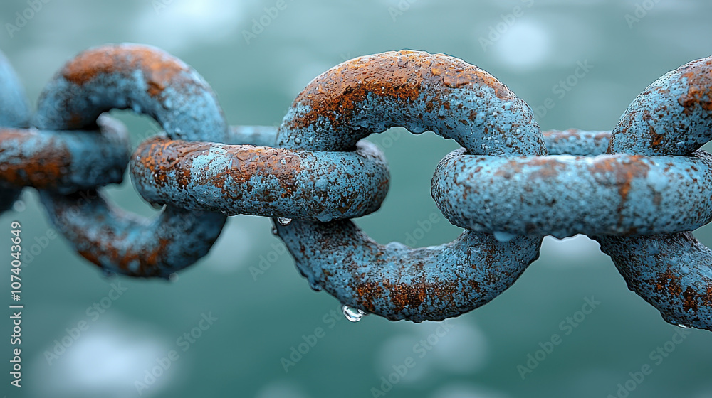 Rusty blue chain links with water droplets against blurred background Rusty blue chain links with water droplets against blurred background