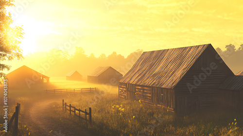 Beautiful rustic barnyard at sunrise: A brilliant golden sunrise illuminates the rustic wooden barns and casts long shadows into the mist photo