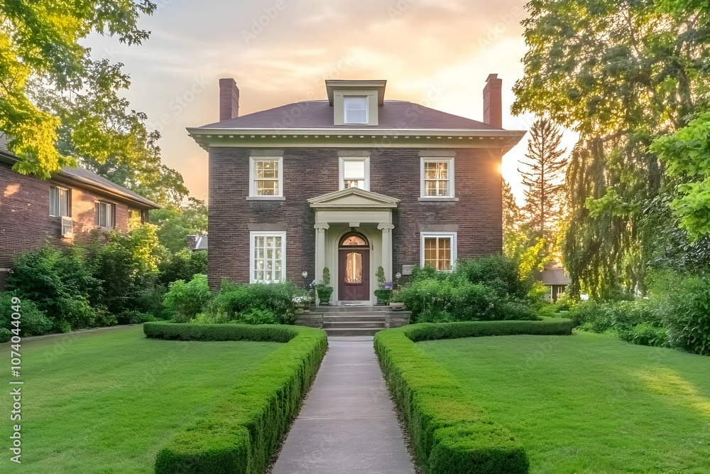 Neighborhood Real Estate Image - A beautiful brick house with a landscaped garden at sunset. Neighborhood Real Estate Image - A beautiful brick house with a landscaped garden at sunset.