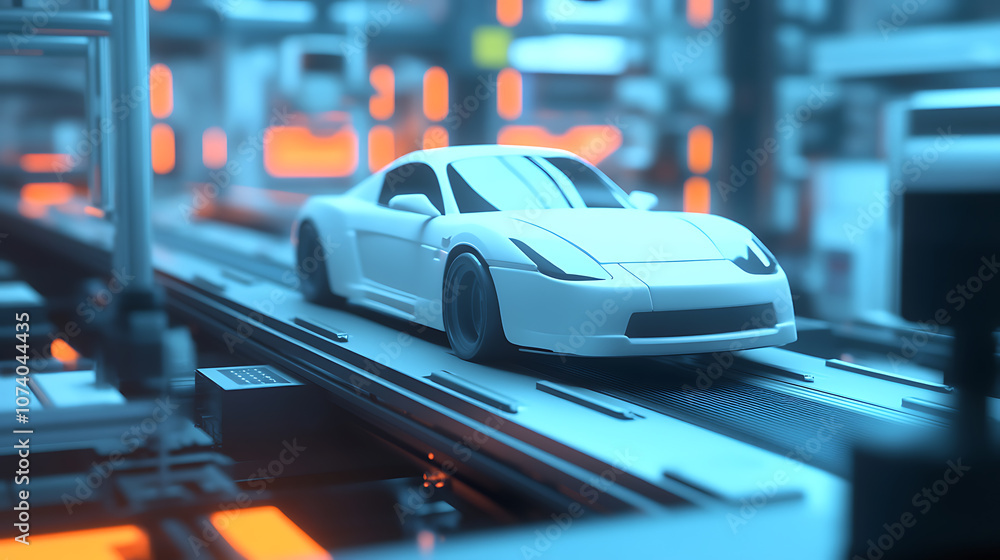 Car factory assembly line, A white car body moves along a conveyor belt Car factory assembly line, A white car body moves along a conveyor belt