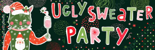 Funny Hipster Black Cat Ugly Sweater Party Horizontal Vector Banner Collage, Fun Halftone Illustration in Red, Green and Pink Colors