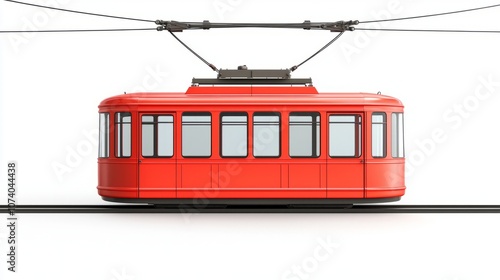 Bright Red Vintage Tram on White Background