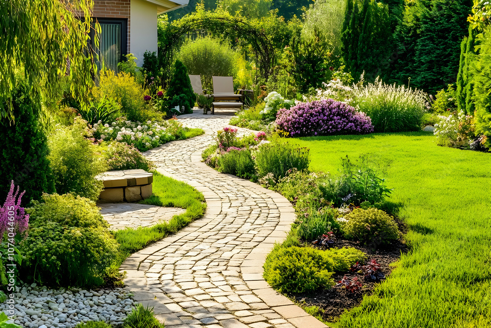 Neighborhood Real Estate Image - A scenic garden path winding through vibrant flowers and lush greenery. Neighborhood Real Estate Image - A scenic garden path winding through vibrant flowers and lush greenery.