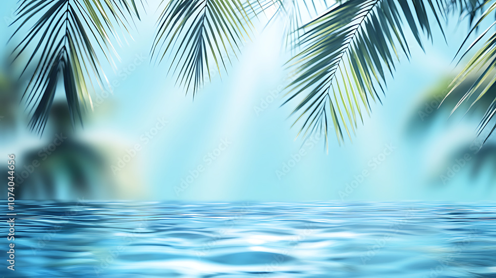 Fototapeta premium Blurred palm leaf shadow on the water surface, banner with copy space area, light blue colored background, banner for a summer vacation concept