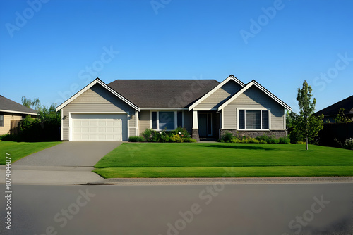 Neighborhood Real Estate Image - A suburban house with a well-maintained lawn and clear blue sky.