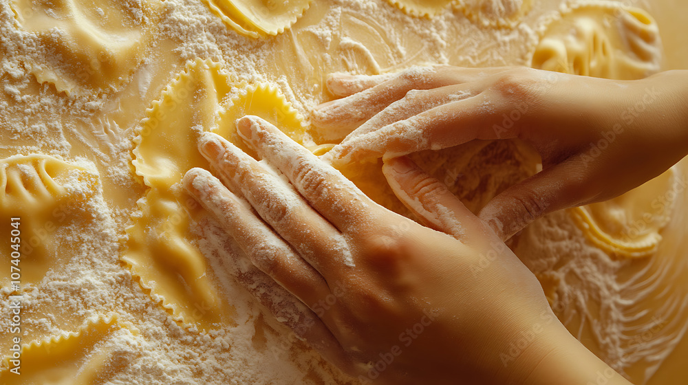 Close-up of hands making ravioli pasta on a floured surface Close-up of hands making ravioli pasta on a floured surface