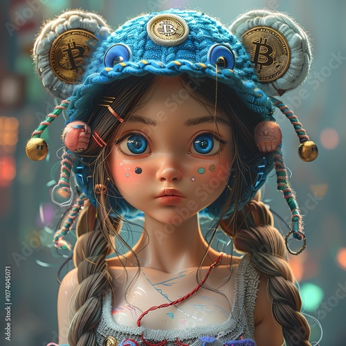 A whimsical portrait of a girl with big blue eyes and a unique hat inspired by cryptocurrency culture.