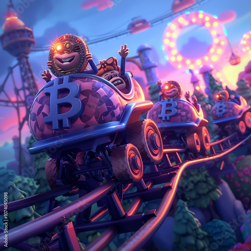 A whimsical roller coaster ride featuring playful characters and Bitcoin-themed carts in a vibrant fantasy landscape.