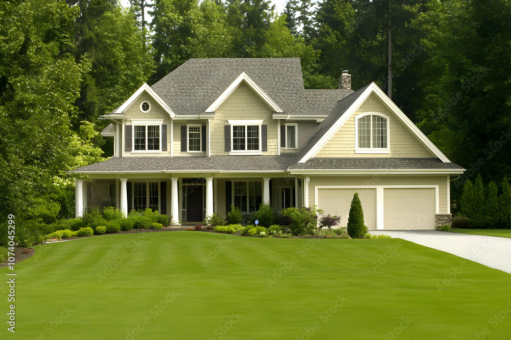Neighborhood Real Estate Image - A charming two-story house surrounded by lush greenery and a well-maintained lawn. Neighborhood Real Estate Image - A charming two-story house surrounded by lush greenery and a well-maintained lawn.