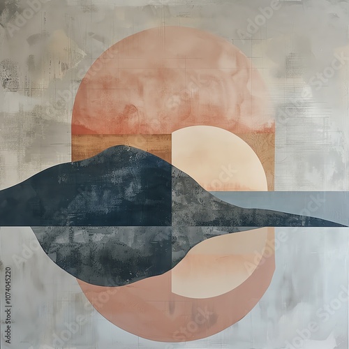 Abstract landscape art featuring soft colors, geometric shapes, and serene reflections, evoking calm and tranquility.