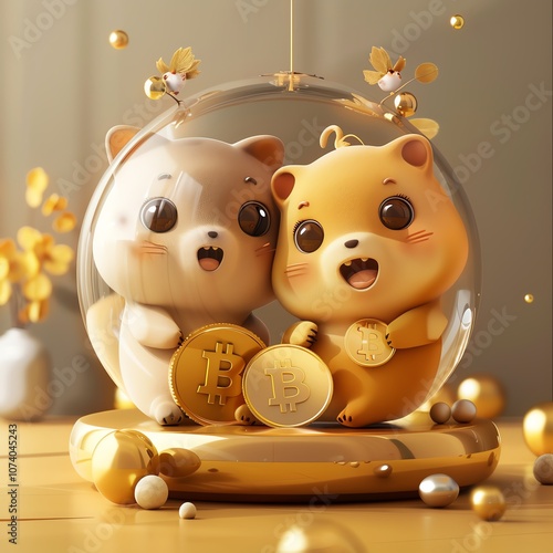 Adorable cartoon animals celebrating with cryptocurrency coins in a joyful and whimsical setting.