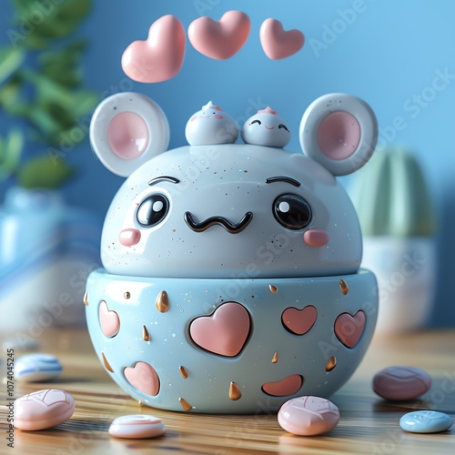 Adorable ceramic bowl featuring a cute animal design, hearts, and pastel colors, perfect for adding charm to any home decor.