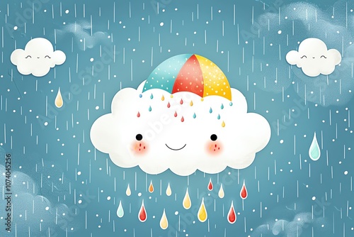 Adorable illustration of a smiling cloud with a colorful umbrella, surrounded by rain and cheerful clouds, perfect for kids' designs.