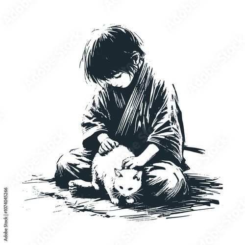 Little boy stroking a cat. Black white vector illustration.