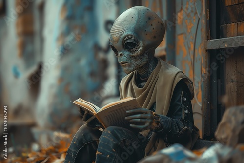 An alien creature seated in an abandoned space, engrossed in reading a book, blending curiosity with a desolate environment.