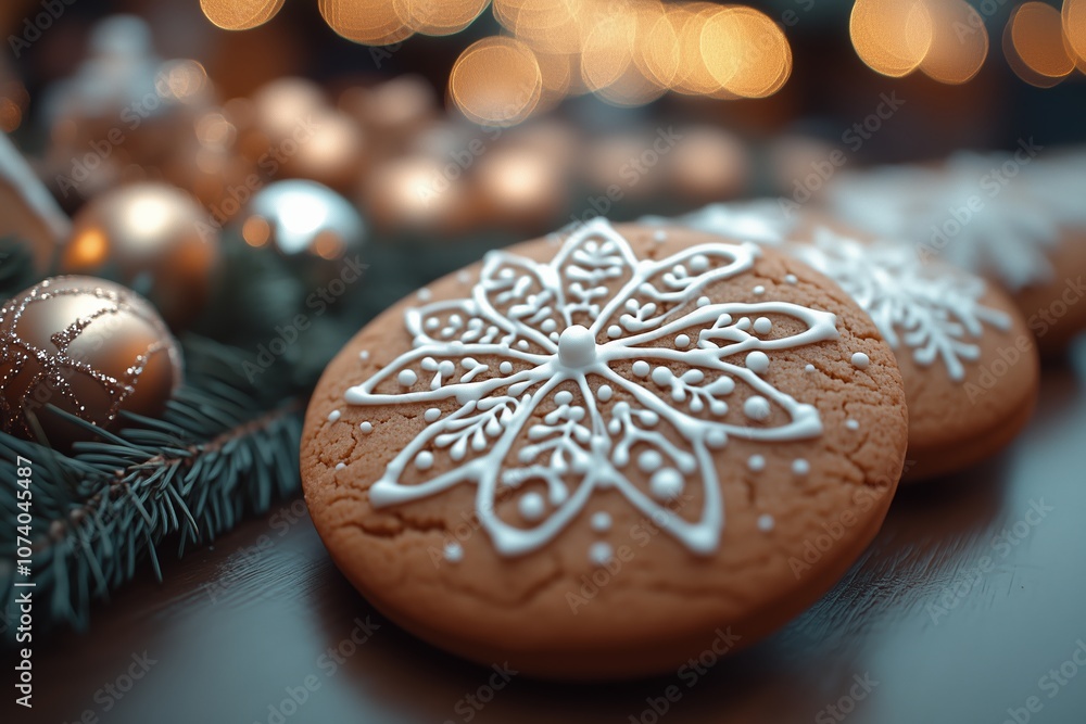 Close-up of beautifully decorated gingerbread cookies topped with intricate white icing in the shape of snowflakes, capturing the essence of holiday cheer. Close-up of beautifully decorated gingerbread cookies topped with intricate white icing in the shape of snowflakes, capturing the essence of holiday cheer.